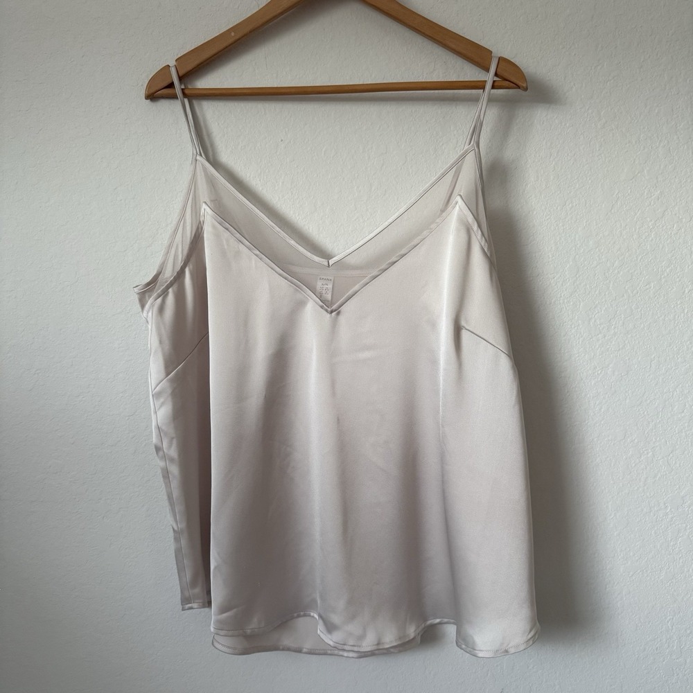 SPANX Cami Tank Top XL Ivory Off White Satin Mesh Panels V Neck Blouse